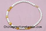 CFN522 9mm - 10mm potato white freshwater pearl & yellow banded agate necklace