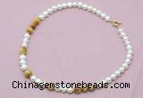 CFN526 9mm - 10mm potato white freshwater pearl & golden tiger eye necklace