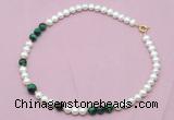 CFN528 9mm - 10mm potato white freshwater pearl & green tiger eye necklace