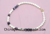 CFN533 9mm - 10mm potato white freshwater pearl & dogtooth amethyst necklace