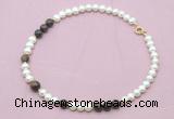 CFN546 9mm - 10mm potato white freshwater pearl & bronzite gemstone necklace