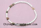 CFN547 9mm - 10mm potato white freshwater pearl & unakite gemstone necklace
