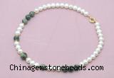 CFN549 9mm - 10mm potato white freshwater pearl & African turquoise necklace