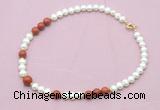 CFN561 9mm - 10mm potato white freshwater pearl & red jasper necklace