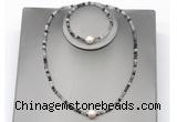 CFN611 4mm faceted round black rutilated quartz & potato white freshwater pearl jewelry set