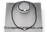 CFN625 4mm faceted round black tourmaline & potato white freshwater pearl jewelry set