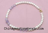 CFN708 9mm - 10mm potato white freshwater pearl & lavender amethyst necklace