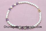 CFN712 9mm - 10mm potato white freshwater pearl & amethyst necklace