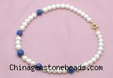 CFN724 9mm - 10mm potato white freshwater pearl & lapis lazuli necklace