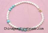 CFN725 9mm - 10mm potato white freshwater pearl & blue howlite necklace