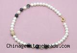CFN733 9mm - 10mm potato white freshwater pearl & black banded agate necklace