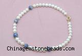 CFN742 9mm - 10mm potato white freshwater pearl & blue spot stone necklace