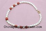 CFN755 9mm - 10mm potato white freshwater pearl & red jasper necklace