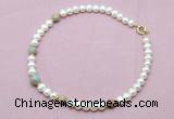 CFN761 9mm - 10mm potato white freshwater pearl & serpentine jasper necklace