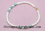 CFN762 9mm - 10mm potato white freshwater pearl & blue sea sediment jasper necklace