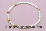 CFN765 9mm - 10mm potato white freshwater pearl & golden tiger eye necklace