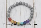 CGB6234 8mm grey picture jasper 7 chakra beaded mala stretchy bracelets