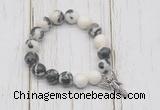 CGB6884 10mm, 12mm black & white jasper beaded bracelet with alloy pendant