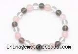 CGB8001 8mm white crystal, rose quartz & smoky quartz beaded stretchy bracelets