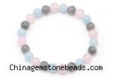 CGB8006 8mm aquamarine, labradorite & rose quartz beaded stretchy bracelets