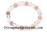 CGB8008 8mm white crystal, rose quartz & sunstone beaded stretchy bracelets