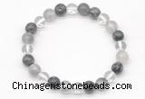 CGB8022 8mm white crystal, cloudy quartz & black labradorite beaded stretchy bracelets