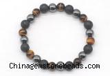 CGB8042 8mm black lava, hematite & yellow tiger eye beaded stretchy bracelets