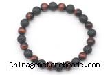 CGB8070 8mm grade AA red tiger eye & black lava beaded stretchy bracelets