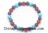 CGB8092 8mm lapis lazuli, blue howlite & red agate beaded stretchy bracelets