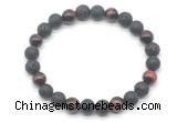 CGB8095 8mm black lava, matte black agate & red tiger eye beaded stretchy bracelets