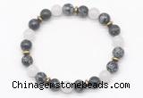 CGB8123 8mm snowflake obsidian, white jade & hematite power beads bracelet