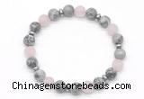 CGB8157 8mm grey picture jasper, matte rose quartz & hematite power beads bracelet