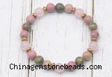 CGB8445 8mm pink wooden jasper, unakite, rose quartz & hematite power beads bracelet
