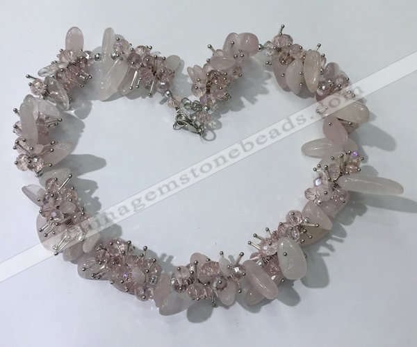 CGN400 19.5 inches chinese crystal & rose quartz chips beaded necklaces