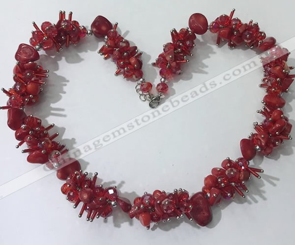 CGN419 19.5 inches chinese crystal & coral chips beaded necklaces