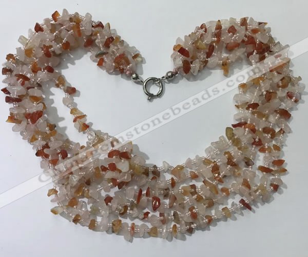 CGN723 19.5 inches stylish 6 rows red agate & rose quartz chips necklaces