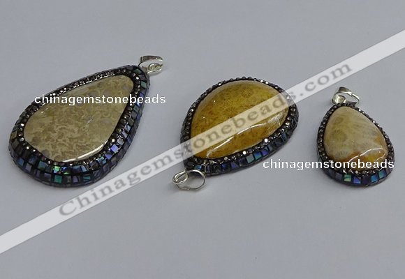 CGP3415 22*35mm - 35*50mm flat teardrop fossil coral pendants