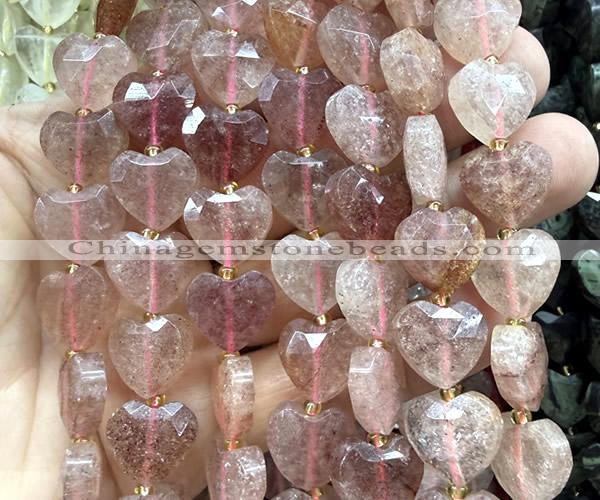 CHG353 15 inches 14mm faceted heart strawberry quartz beads