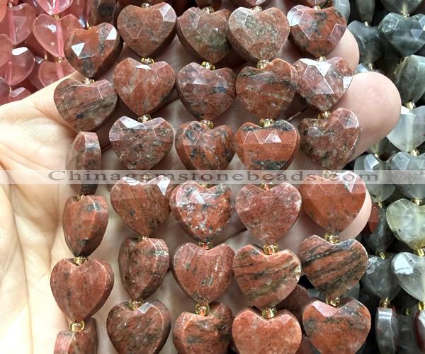 CHG364 15 inches 14mm faceted heart red sesame jasper beads