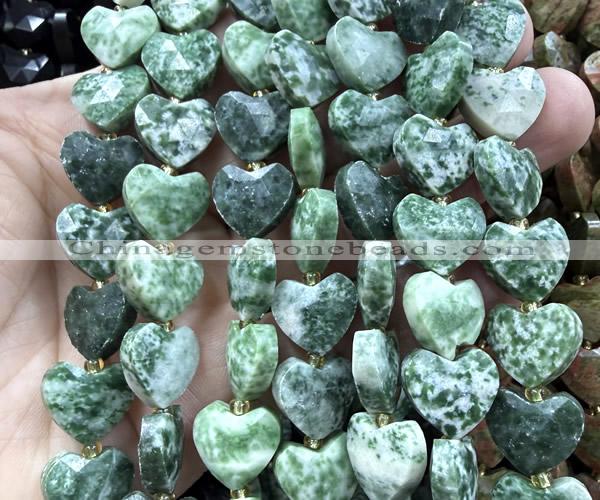 CHG368 15 inches 14mm faceted heart green spot stone beads