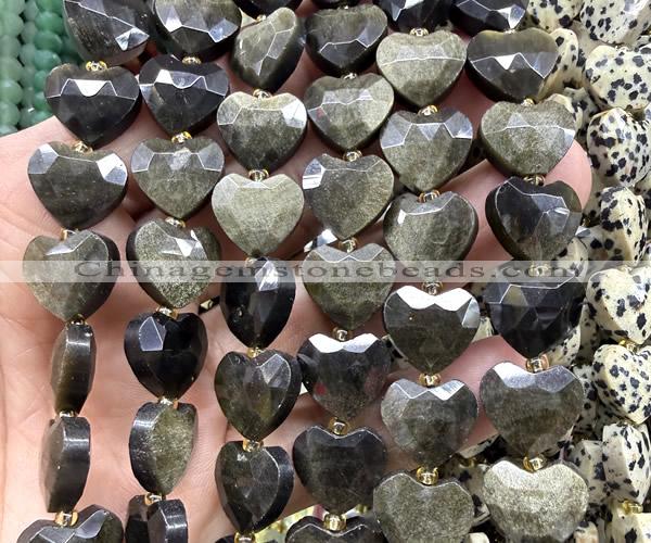 CHG377 15 inches 14mm faceted heart golden obsidian beads