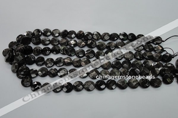 CHS18 15.5 inches 12mm faceted coin natural hypersthene beads