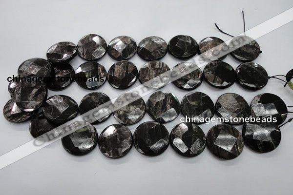 CHS22 15.5 inches 25mm faceted coin natural hypersthene beads