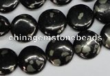 CJB158 15.5 inches 14mm flat round natural jet & pyrite gemstone beads