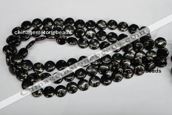 CJB158 15.5 inches 14mm flat round natural jet & pyrite gemstone beads