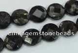 CLB305 15.5 inches 12mm faceted flat round black labradorite beads