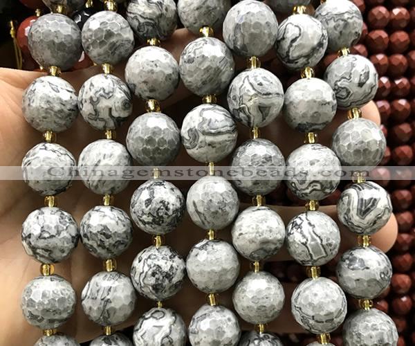 CLS417 15 inches 16mm faceted round grey picture jasper beads