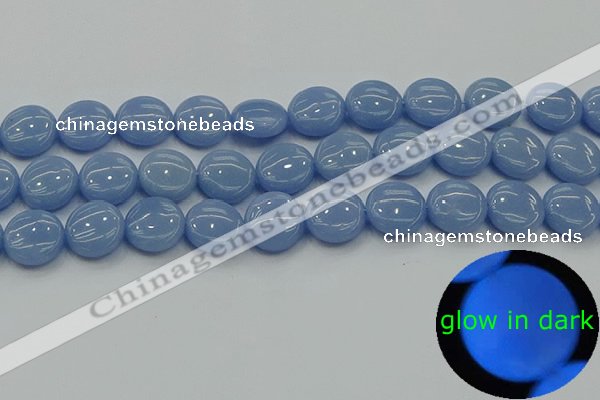 CLU133 15.5 inches 14mm flat round blue luminous stone beads