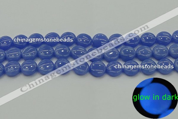 CLU172 15.5 inches 12mm flat round blue luminous stone beads