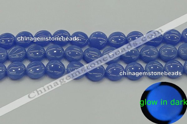 CLU173 15.5 inches 14mm flat round blue luminous stone beads